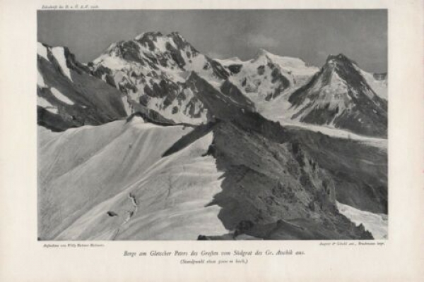 1908 - alter Druck - Berge am Gletscher Peters des Großen vom Südgrat des Gr. Atschik aus (Standpunkt etwa 5000 m hoch)